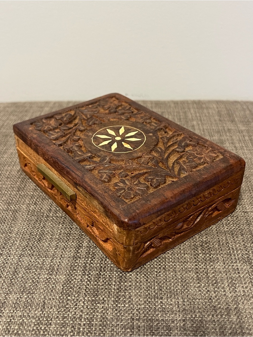 Vintage Hand-Carved Wooden Jewelry Box with Star Inlay